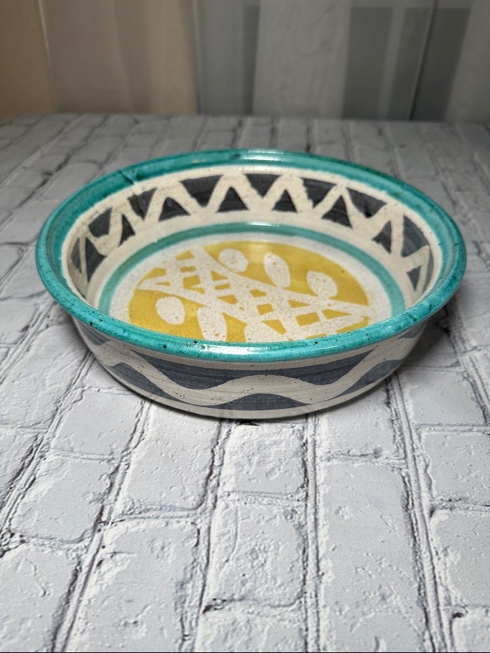 Navajo Southwestern Pottery Bowl Handmade 11” Diameter turquoise yellow blue